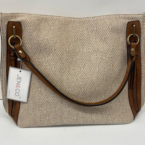 Jen & Co. Tote Connar Diamond Taupe Print Tote Vegan Work Travel GREAT Bag - Picture 2 of 12